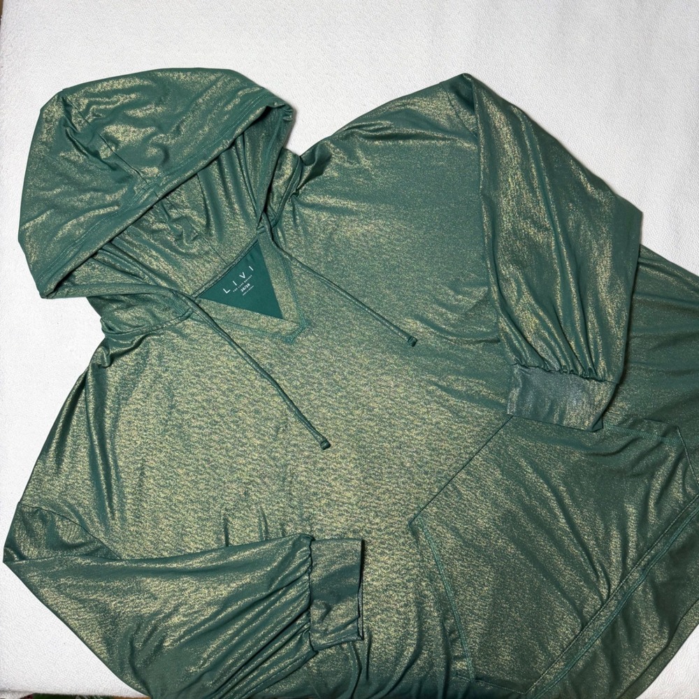 Livi Lane Bryant Women 26/28 Green Gold Metallic Shimmer Hoodie Active Pullover